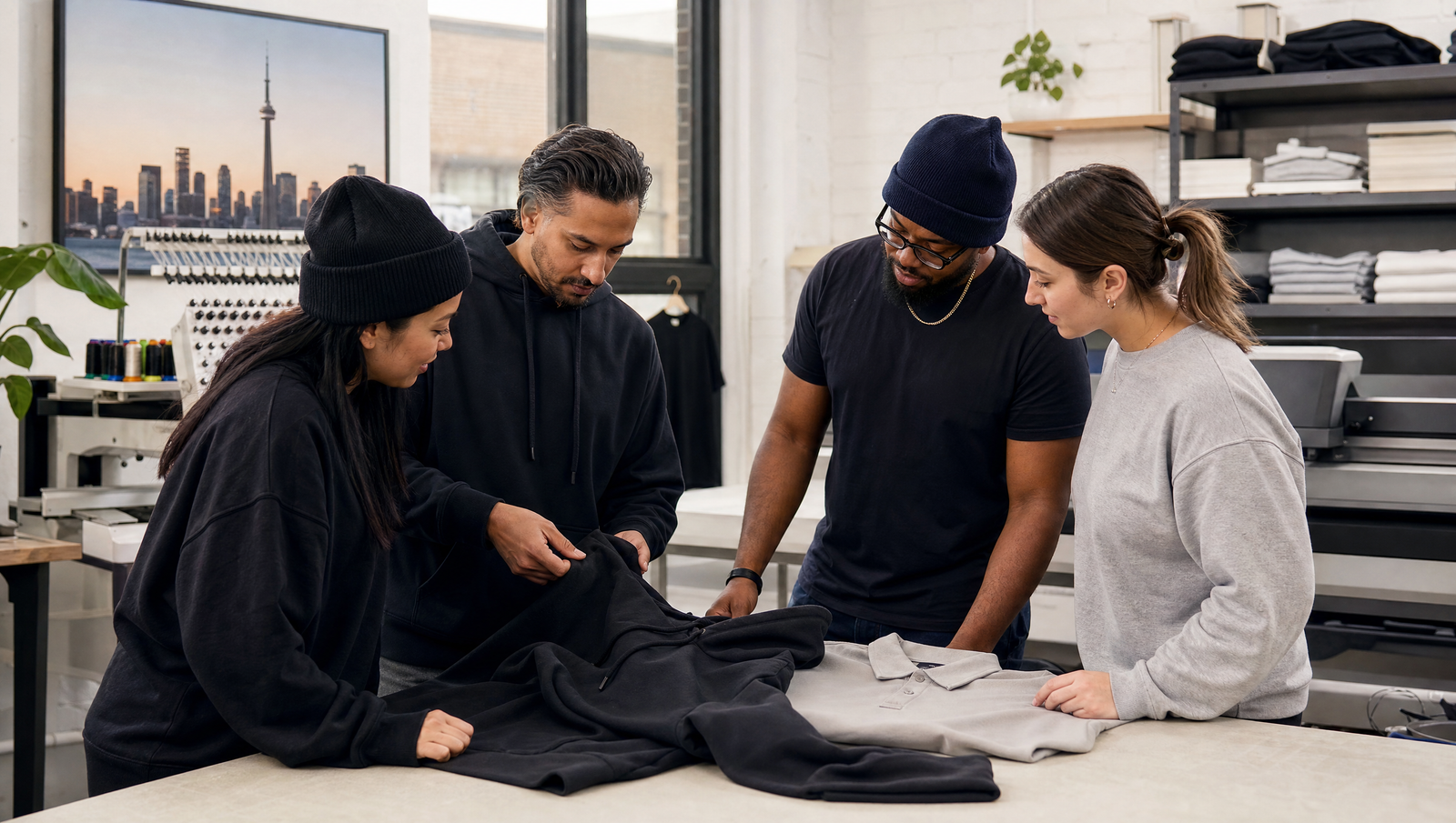 Wear US production team reviewing custom apparel samples in a Toronto studio
