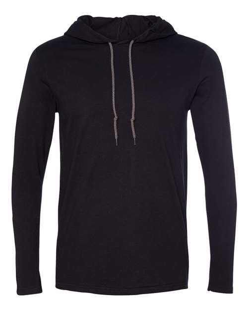 Unisex Softstyle® Lightweight Hooded Long Sleeve T-Shirt — Black/ Dark Grey (front)