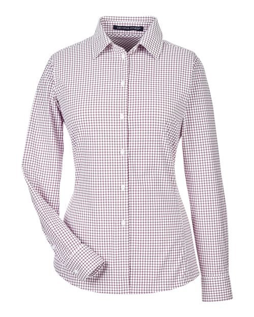 Women’s CrownLux Performance® Micro Windowpane Woven Dress Shirt — Burgundy/ White (front)