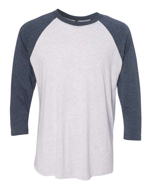 Unisex Triblend Three-Quarter Raglan T-Shirt — Indigo Sleeves/ Heather White Body (front)